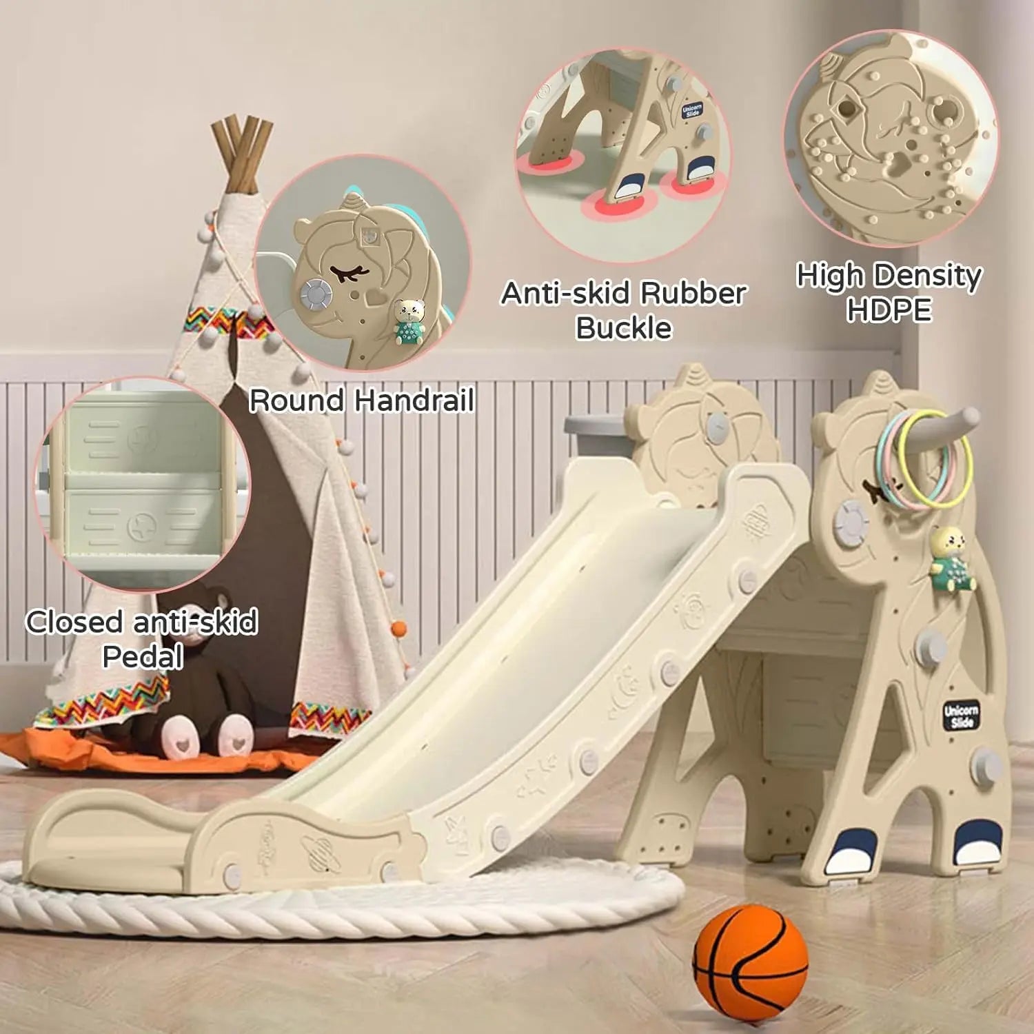 Children's slide with safety features labeled.
