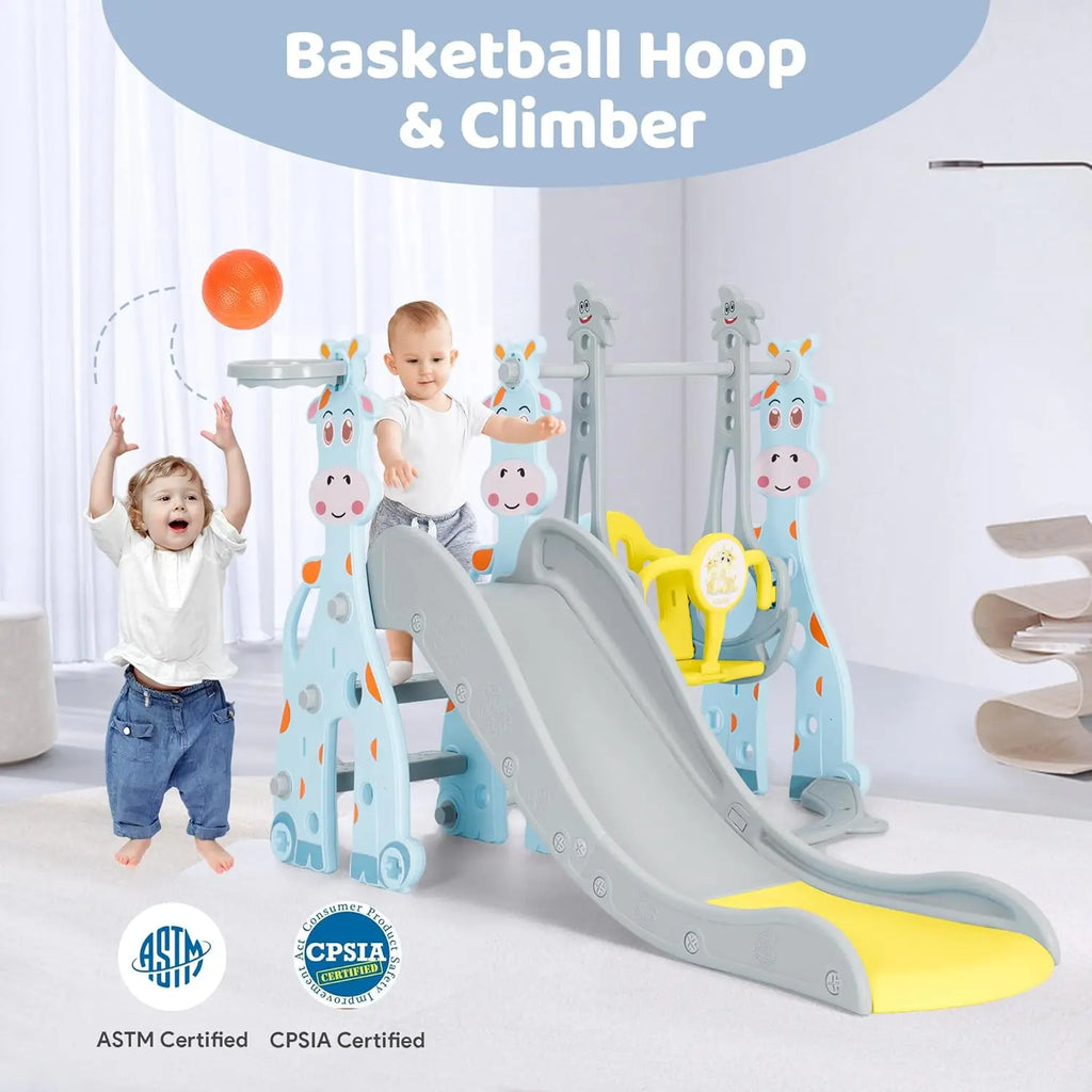 Children playing on a playground set with a slide and basketball hoop
