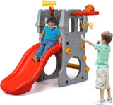 Children playing on a playground set with a red slide and basketball hoop.