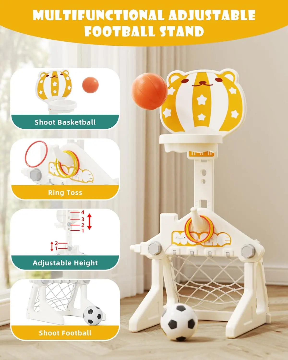 Multifunctional adjustable football stand with basketball, ring toss, and football features.