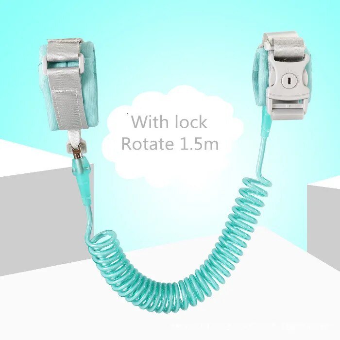 Teal child safety leash with a lock.