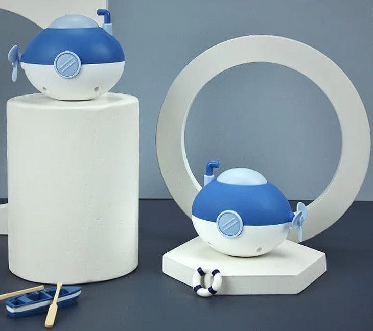 Two blue and white spherical robots.
