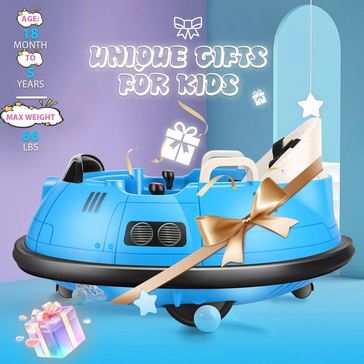 Blue toy car with a gold bow on a blue and purple background, labeled as 'Unique Gifts for Kids'.