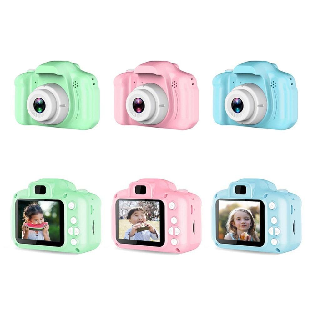 Set of colorful children's cameras with screens displaying photos.