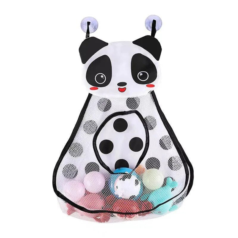 Panda-shaped net bag with colorful balls.