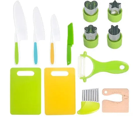 Set of kitchen utensils including knives, cutting boards, and various tools.