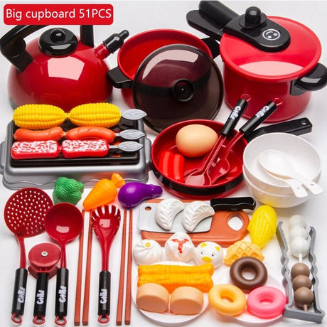 Set of toy kitchen appliances and utensils, including pots, pans, and food items.