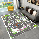 Children's play rug with road design in a living room setting