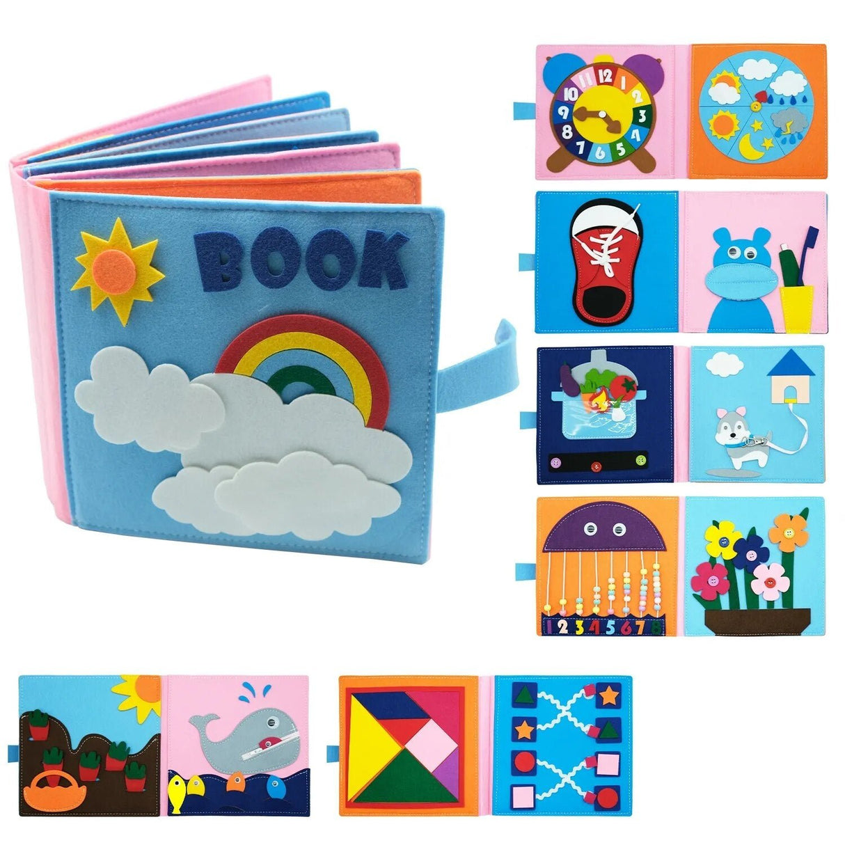 Colorful soft book with various educational illustrations on a white background
