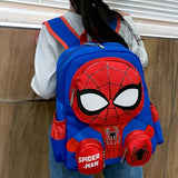Person wearing a Spider-Man backpack in an indoor setting