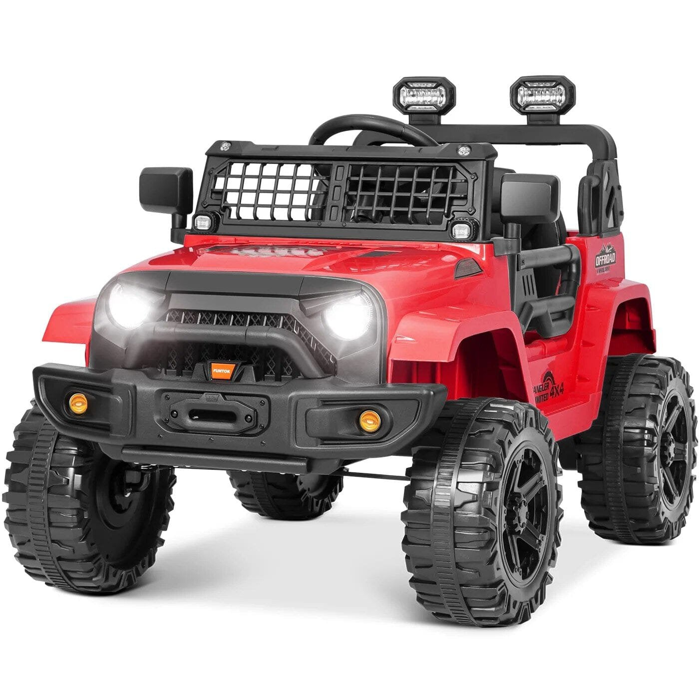 Red toy jeep with black details.