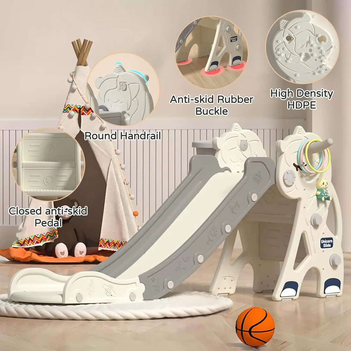 Children's slide with close-up details on anti-skid rubber buckle, high density HDPE, round handrail, and closed anti-skid pedal.