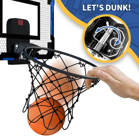 Basketball dunking into a hoop with 'Let's Dunk!' text and basketball graphic.