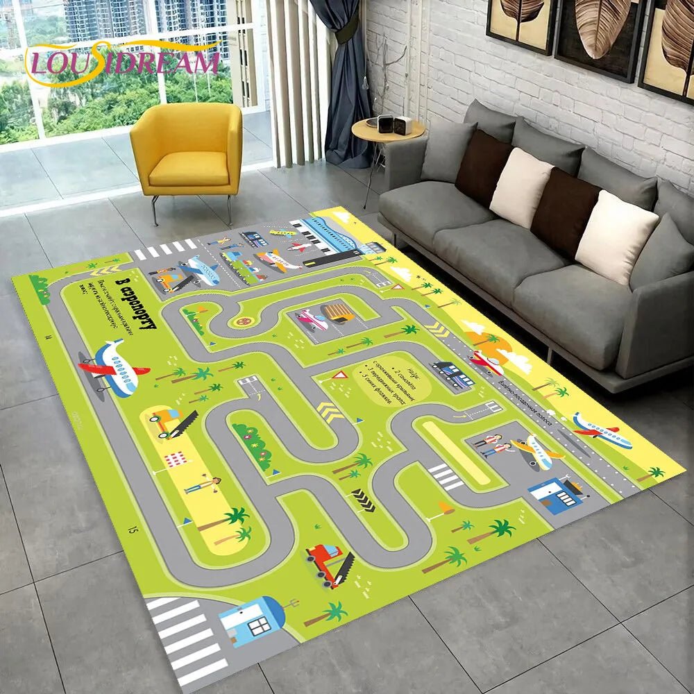 Children's play rug with road design in a living room setting