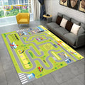 Children's play rug with road design in a living room setting