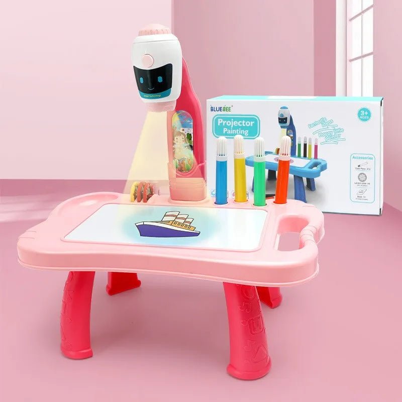 Pink children's drawing table with projector and markers 