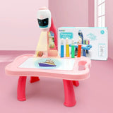 Pink children's drawing table with projector and markers 