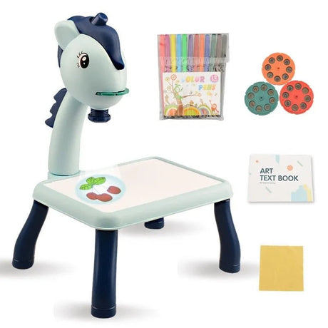 Children's desk with horse design, including markers, paper, and other art supplies