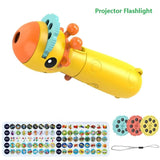 Toy projector flashlight with colorful buttons and a screen displaying images 