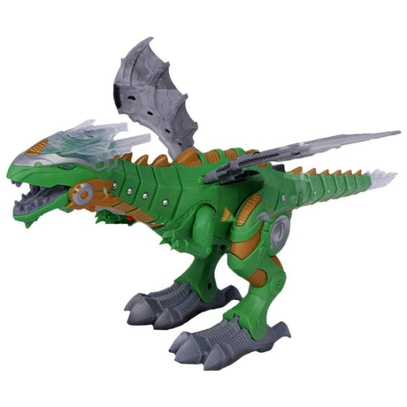 Toy dinosaur with green body, gray and orange accents