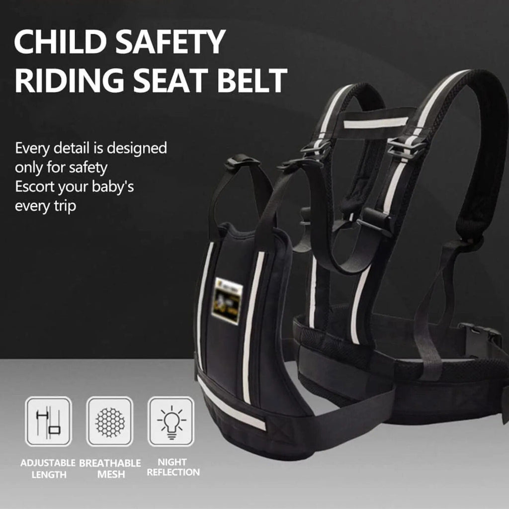 Child safety riding seat belt with features highlighted.