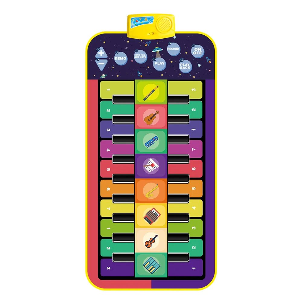 Colorful toy keyboard with various keys and a purple border.