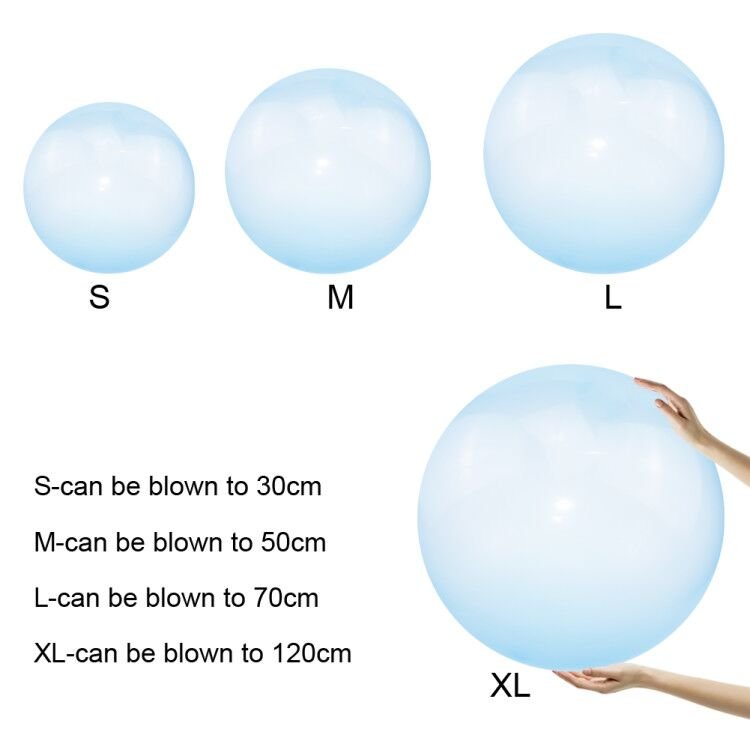 Comparison of different sizes of blue balloons with size labels and maximum inflation lengths.