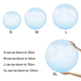 Comparison of different sizes of blue balloons with size labels and maximum inflation lengths.