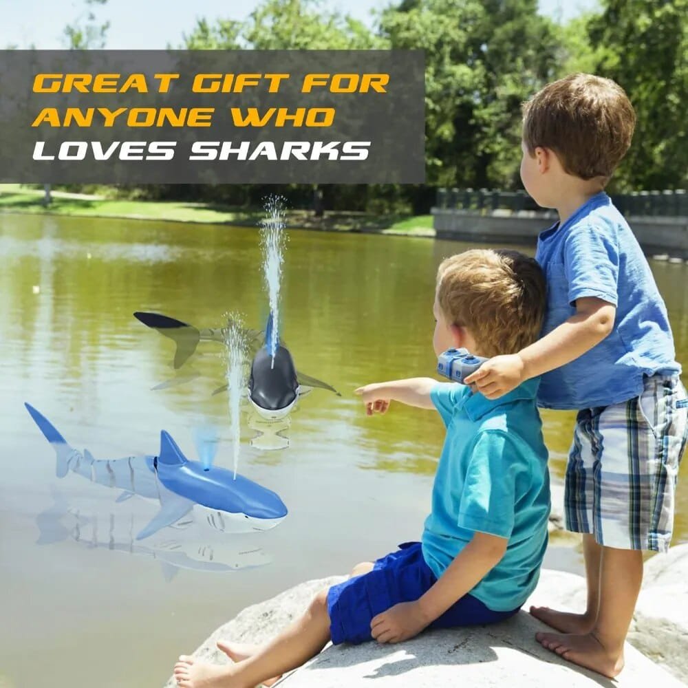 Two children playing with shark toys by a lake, with text 'Great gift for anyone who loves sharks'.