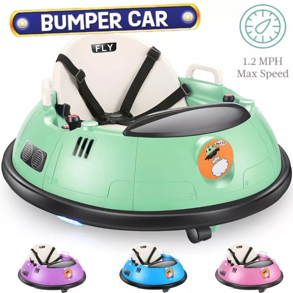 Children's bumper car with safety harness, colorful options, and speed information.