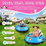 Children playing with blue bumper cars in a grassy area with a pink banner above them.
