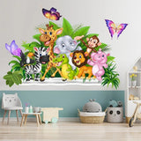 Children's room with a colorful wall decal of cartoon animals and butterflies.