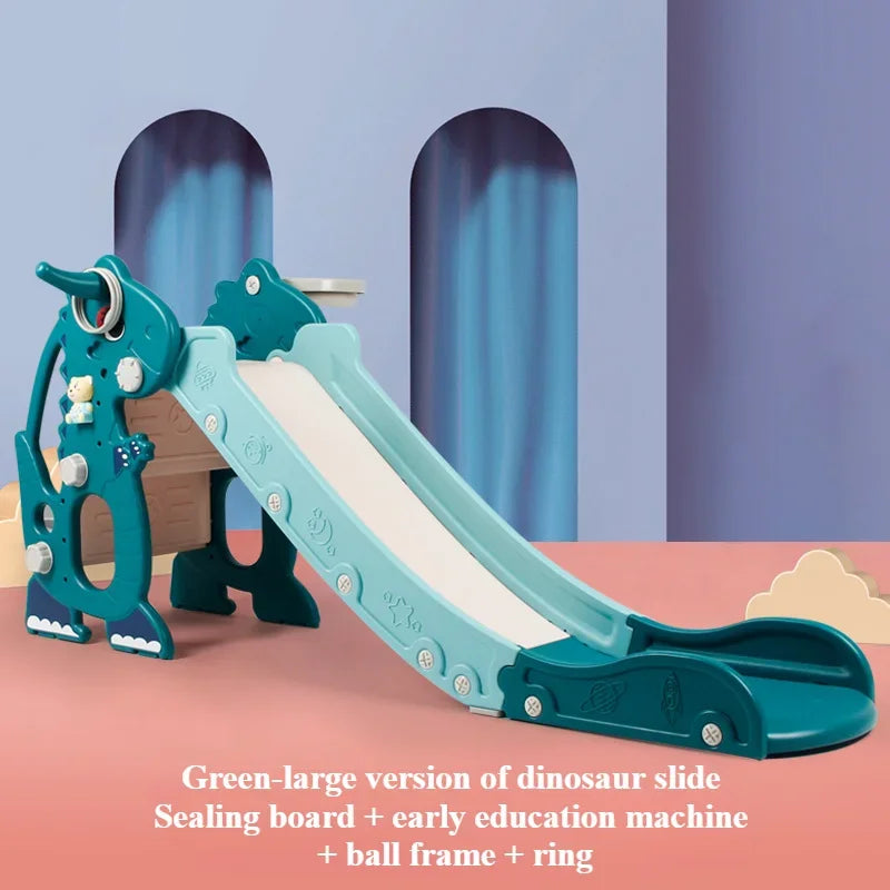 Green dinosaur slide with white slide surface.