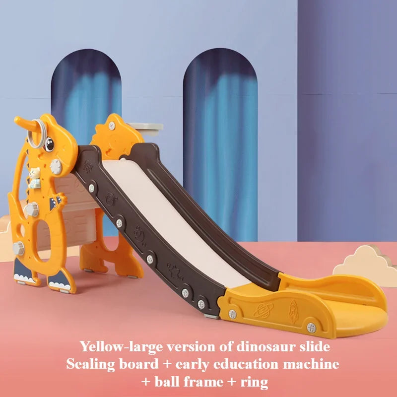 Children's playground slide with dinosaur design.