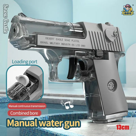 Manual water gun with detailed features.