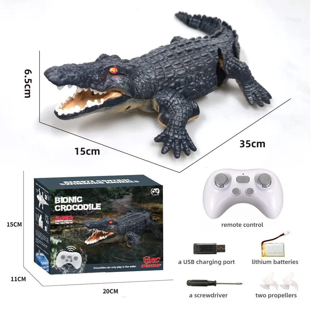 Bionic crocodile toy with remote control, packaging, and dimensions 