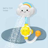 Bath toy with cloud and sun design spraying water.