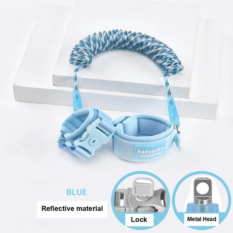 Blue baby leash with reflective material and lock mechanism