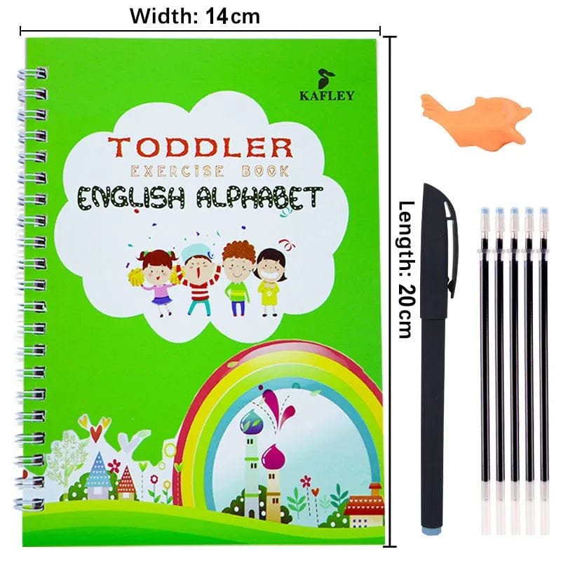 Children's exercise book with English alphabet theme, pen, and eraser on a white background