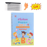 Children's notebook with colorful design, pens, and eraser on a white background