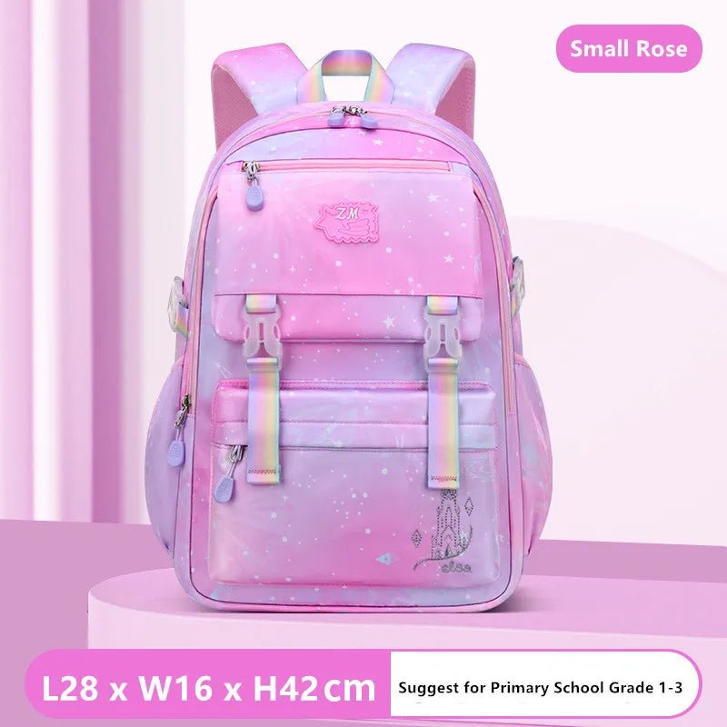 Pink backpack with a star pattern.