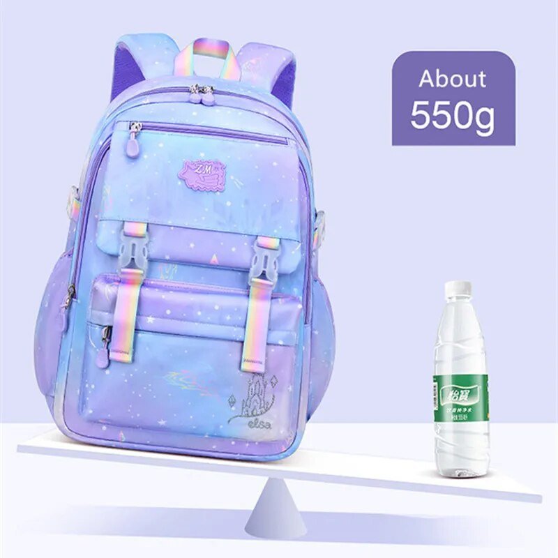 Pastel-colored backpack with rainbow accents next to a bottle.