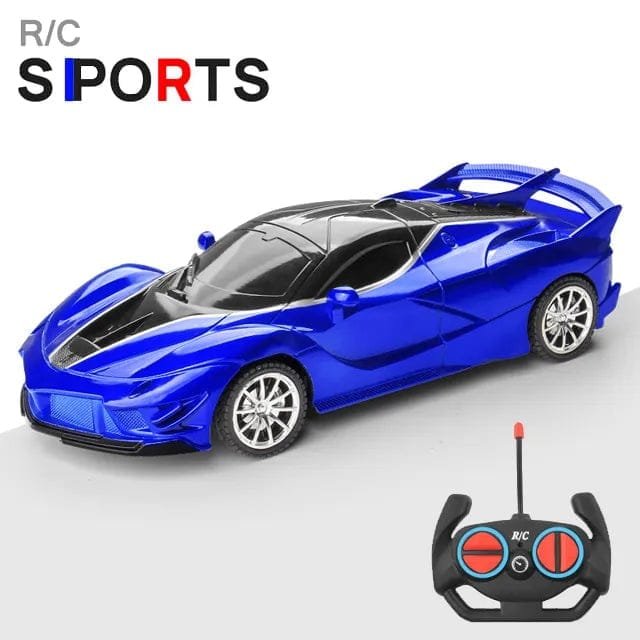 Blue toy sports car with remote control on a white background, labeled 'R/C Sports'.