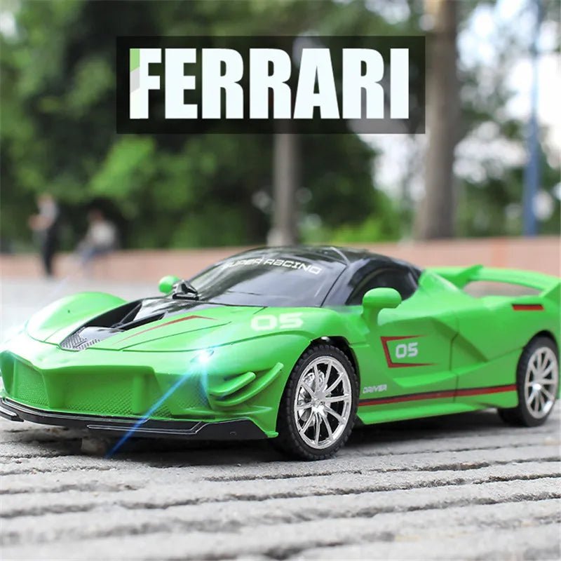 Green toy Ferrari car on a track with 'Ferrari' branding.