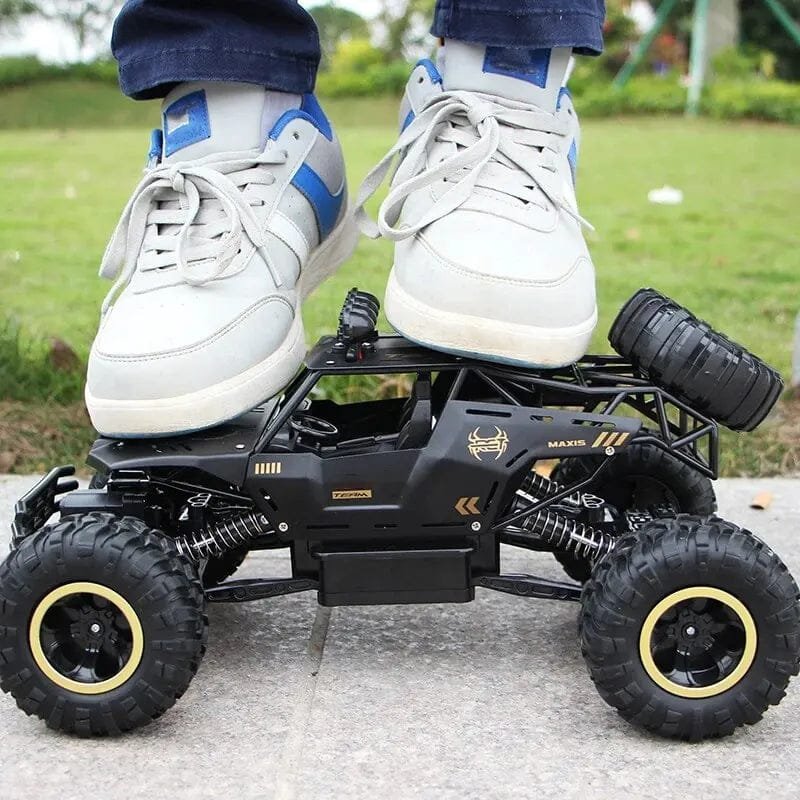 Person standing on a small off-road vehicle with large wheels in an outdoor setting.