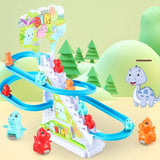 Toy dinosaur track set with colorful track and small dinosaur figures.