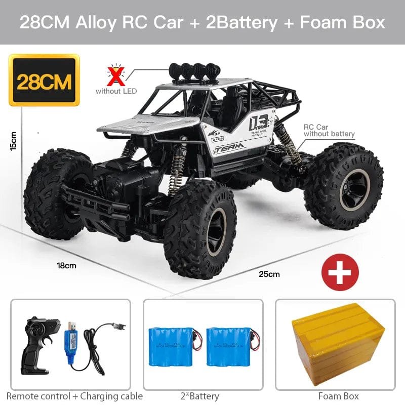 28CM Alloy RC Car with remote control, batteries, and foam box.