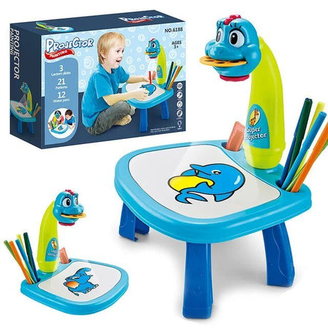 Children's drawing set with projector, table, and coloring tools.