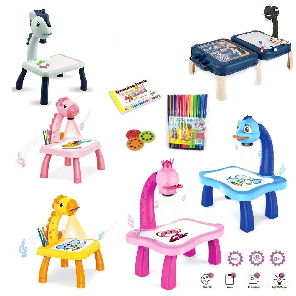 Set of colorful children's art tables with various accessories