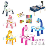 Set of colorful children's art tables with various accessories